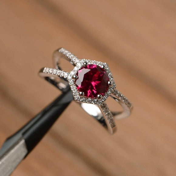 1.4ct Round Cut Pink Ruby Halo Split Shank Engagement Ring 14k White Gold Finish