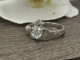 1ct Heart Cut VVS1 Diamond Engagement Ring Claddagh Design 14k White Gold Finish