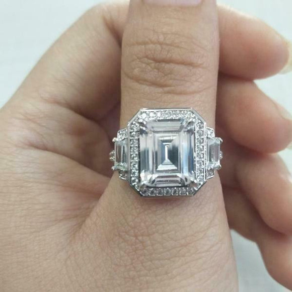 4Ct Emerald Cut VVS1 Diamond Stylish Halo Engagement Ring 14K White Gold Finish