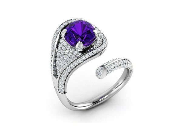 2.5ct Cushion Cut Purple Amethyst Open Cocktail Bypass Ring 14k WhiteGold Finish