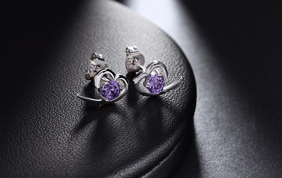 1ct Round Cut Purple Amethyst Heart Shaped Stud Earrings 14k White Gold Finish