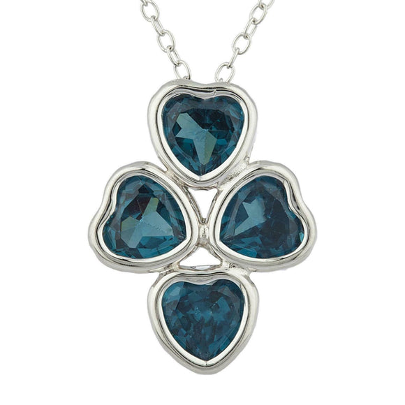 4ct London Blue Topaz Pendant with Chain Heart Cut Four Heart 14k WhiteGold Over