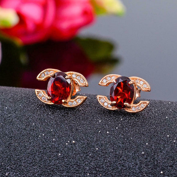 1.5ct Oval Cut Red Garnet Logo Stud Women Earrings 14k Rose Gold Finish