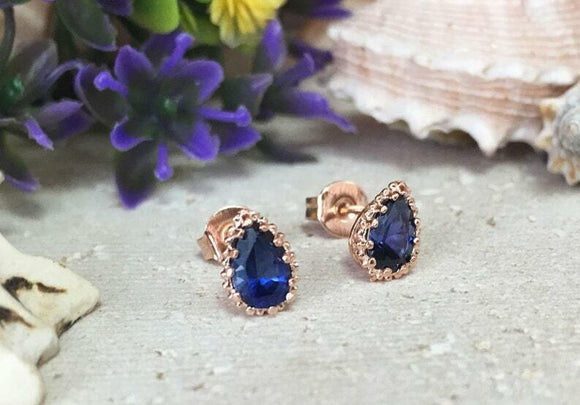 1.3ct Stud Earrings Pear Cut Blue Sapphire Crown Solitaire 14k Rose Gold Finish