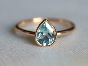 1ct Engagement Ring Pear Cut Blue Aquamarine Solitaire 14k Yellow Gold Finish