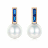 1.2ct Baguette Cut Blue Sapphire Pearl Dainty Stud Earrings 14k WhiteGold Finish