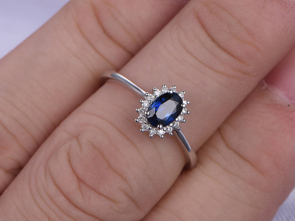 2ct Oval Cut Blue Sapphire Diamond Floral Solitaire Ring 14k White Gold Finish