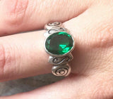 2ct Engagement Ring Oval Green Emerald Vintage Inspired Wave 14k White Gold Over