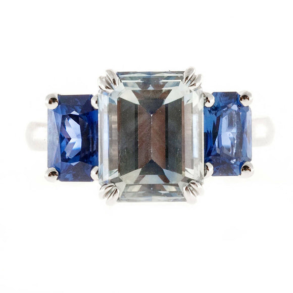 3ct Emerald Cut Diamond Blue Sapphire Accents Trilogy Ring 14k White Gold Finish