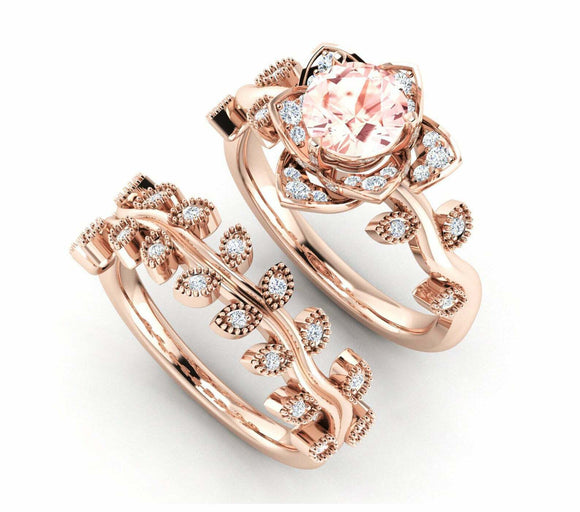 2ct Round Cut Morganite Floral Bridal Set Engagement Ring 14k Rose Gold Finish