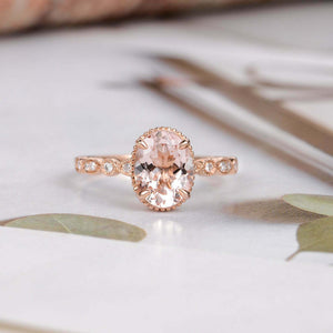 1.5ct Oval Cut Peach Morganite Round Accents Engagement Ring 14k Rose Gold Over