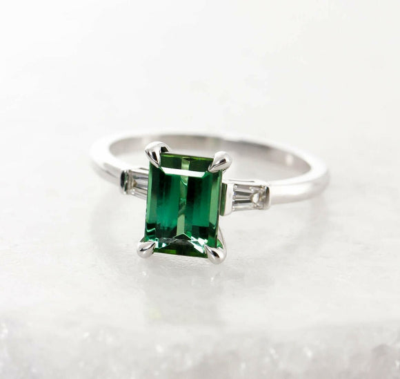 1.5ct Green Emerald Cut Diamond Trilogy Engagement Ring 14k White Gold Finish