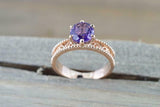 1ct Round Cut Purple Amethyst Engagement Ring 14k RoseGold Over Beaded Solitaire