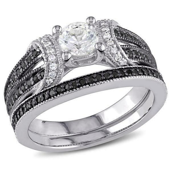 3.5Ct Round Cut Black Diamond Bridal Set Engagement Ring 14K White Gold Finish