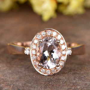 2.1ct Oval Cut Peach Morganite Engagement Ring Halo Trilogy 14k Rose Gold Finish