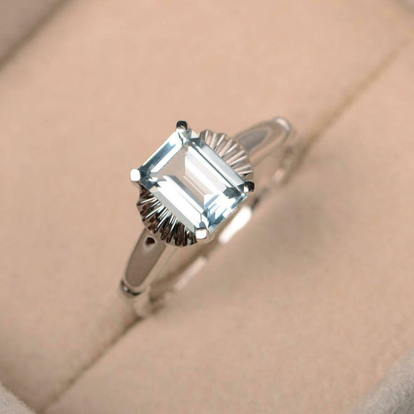 1ct Emerald Cut Aquamarine Engagement Ring Flower Solitaire 14k White Gold Over