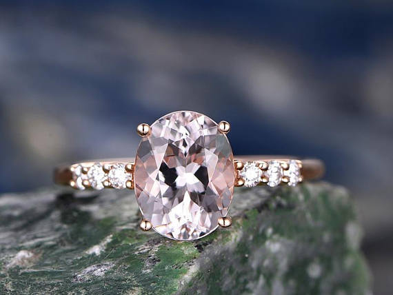 2ct Oval Cut Peach Morganite Engagement Ring Diamond Accents 14k RoseGold Finish