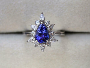 2.1ct Engagement Ring Pear Cut Blue Sapphire Halo Solitaire 14k WhiteGold Finish