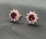 2.3ct Stud Earrings Round Cut Red Garnet Floral Halo 14k Rose Gold Finish