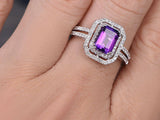 2Ct Emerald Cut Purple Amethyst Dual Halo Engagement Ring 18K White Gold Finish