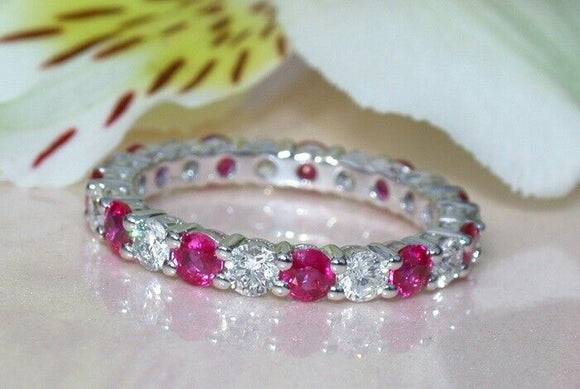 3Ct Round Cut Pink Ruby Diamond Full Eternity Wedding Band 18K White Gold Finish