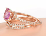 3ct Oval Cut Pink Sapphire Trio Set Wedding Engagement Ring 14k Rose Gold Finish