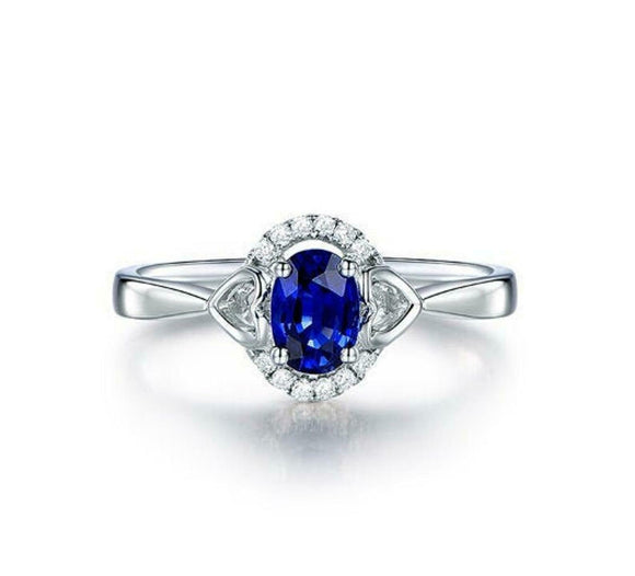 2ct Engagement Ring Oval Cut Blue Sapphire Hollow Heart Halo 14k White Gold Over