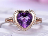 2.5ct Heart Purple Amethyst Engagement Ring 14k RoseGold Over Halo Split Shank