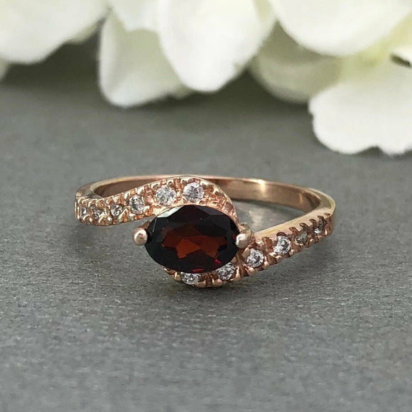 1ct Oval Cut Red Garnet Accents Solitaire Engagement Ring 14k Rose Gold Finish