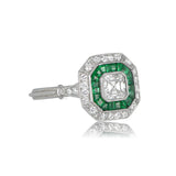 3ct Asscher Cut Diamond Green Emerald Halo Art Deco Ring 14k White Gold Finish