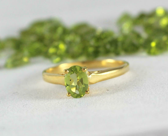 1ct Engagement Ring Oval Cut Green Peridot Solitaire 14k Yellow Gold Finish