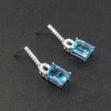 2ct Drop Earrings Emerald Cut Blue Topaz Vertical Bar 14k White Gold Finish