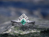 0.75Ct Princess Cut Green Emerald Unique Crown Promise Ring 14K White Gold Over