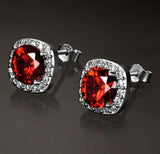 2ct Stud Earrings Round Cut Red Garnet Diamond Halo 14k White Gold Finish