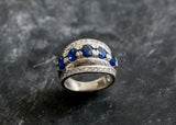 2.3ct Round Cut Blue Sapphire Wide Antique Inspired Ring 14k White Gold Finish