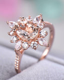 4Ct Oval Cut Peach Morganite Sunburst Halo Engagement Ring 14K Rose Gold Finish