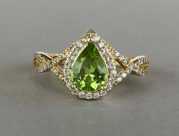 2ct Pear Cut Green Peridot Halo Infinity Engagement Ring 14k Yellow Gold Finish