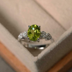 2ct Oval Cut Green Peridot Heart Shape Diamond Accents Ring 14k WhiteGold Finish