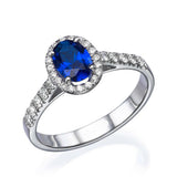 2ct Oval Cut Blue Sapphire Round Accent Diamond Halo Ring 14k White Gold Finish