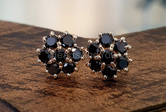 2ct Round Cut Simulated Black Diamond Floral Stud Earrings 14k YellowGold Plated