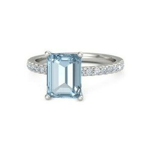 4Ct Emerald Cut Blue Aquamarine Round Diamond Accents Ring 14K White Gold Finish