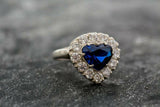 2.2ct Engagement Ring Heart Cut Blue Sapphire Diamond Halo 14k White Gold Finish