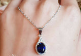 2ct Oval Cut Blue Sapphire Pendant with Chain Diamond Halo 14k White Gold Finish