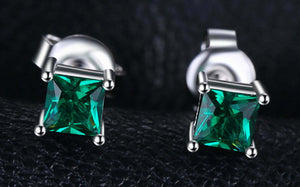 2ct Stud Earrings Princess Cut Green Emerald Solitaire 14k White Gold Finish