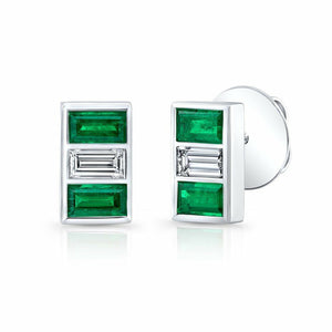 2Ct Baguette Cut Green Emerald Diamond 3 Stone Stud Earrings 14K White Gold Over