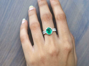 4ct Oval Green Emerald Engagement Ring Halo Baguette Accent 14k White Gold Over