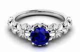 2ct Round Cut Blue Sapphire Flower Solitaire with Accent Ring 14k WhiteGold Over