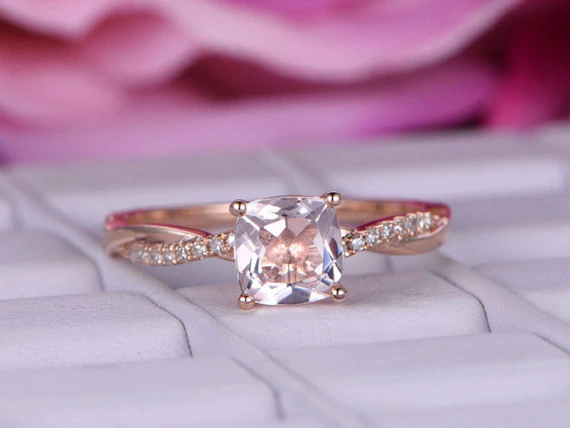 1.4ct Cushion Morganite Engagement Ring Twist Accent Solitaire 14k RoseGold Over