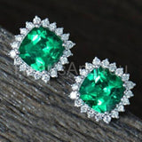 2ct Cushion Cut Simulated Green Emerald Halo Stud Earrings 14k White Gold Plated