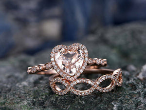 2ct Heart Cut Morganite Bridal Set Engagement Infinity Band 14k Rose Gold Finish